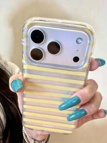 1pc Minimalist Yellow Green Striped Silvery Back Phone Case Compatible With IPhone 17 Pro Max 17 Pro 17 16 Pro Max 16 Pro 16 15 Pro Max 15 Pro Max 15 Pro 15 14 Pro Max 14 Pro 14 13 Pro 15 13 17 Shockproof Transparent Frame Bumper Protective Cover Sweet Striped Design Anti-Drop Phone Shell - Yellow Stripes - View 3