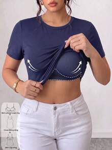 Women's Plus Size 2-In-1 Short Sleeve T-Shirt Solid Activewear Top With Built-In Support Workout Yoga Tee - Navy Blue - View 7