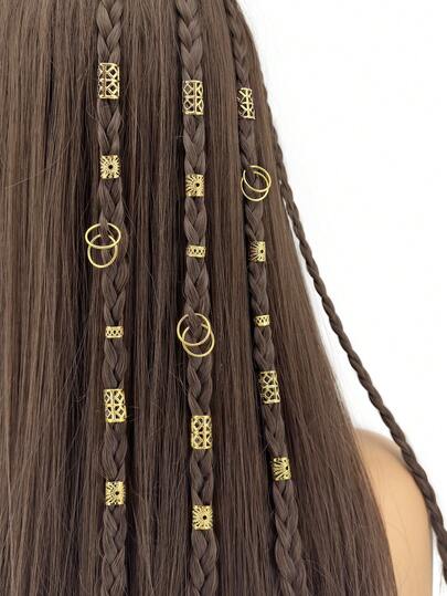 80PCS Golden Vintage Boho Style Alloy Hair Rings Set - Hollow Out Round Hair Accessories For Braids And DIY Hair Design