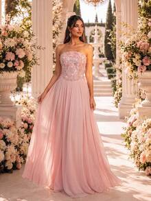 Smilprince Women's Pink Elegant Strapless Beaded Chiffon Floor Length Dress, Autumn Winter For Wedding Guest Reception, Bridesmaid, Formal Evening Dinner - Pink - View 6