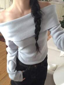 1pc Light Blue Thin Long Sleeve Inner Layer Sweater, Off-Shoulder Detail, Suitable For Daily Wear - Light Blue - View 6