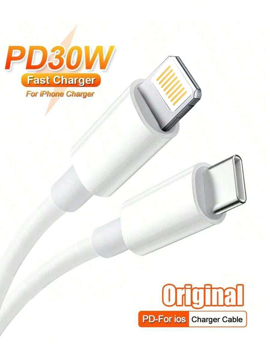Pure White USB-C To Lightning Silicone Data Cable, PD 30W(MAX) Fast Charging Data Cable, 3.3FT/6.6FT USB-C To Lightning Data Cable, Compatible With Apple/ Series Charging Cables, Vehicle Accessories/Essential For Back-To-School/Phone Charging Cables - White - View 1