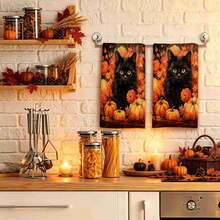 2/4/48pcs Autumn Series Dark Night Black Cat & Pumpkin Pattern Printed Kitchen Towels - Super Soft, Highly Absorbent Polyester Tableware And Hand Towels, Perfect For Holiday Decor, Kitchen Decor, Party Decor - Multicolor - View 2