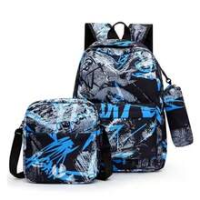 Men's 2-Piece Graffiti-Print Nylon Backpack And Crossbody Bag Set, Street Style, Suitable For Teenage Boys To Go To School (Back-To-School Backpack). - Blue - View 2