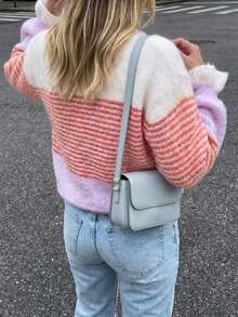 Women's Pink Striped Long Sleeve Cardigan Sweater, Button Front, Comfortable & Fashionable, Regular Length Knitwear - Multicolor - View 9