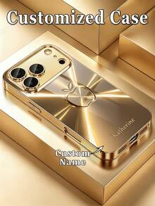 1pc Customized Name High Definition Electroplated Gold Glass Phone Case Gradient Apple Printed Pattern Compatible With Apple 17ProMax/16 Pro Max/15/14 Plus/13 Pro/12 Pro Max/11/XsMax/8/7/6Plus Phone Accessories - Gold - View 2