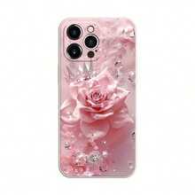 Una delicada rosa rosa, rodeada de un diamante brillante, una corona y otros elementos del patrón de la funda de teléfono, resistente a los golpes, resistente a las caídas y duradera, adecuada para la serie 16 15 14 13 12 11 Pro Plus Max, la mejor opción para su propio uso o como regalo. - Blanco - Ver 1