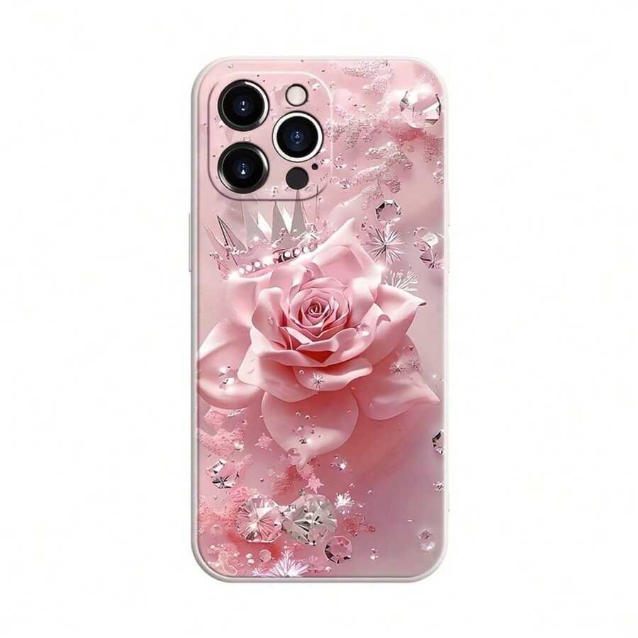 Una delicada rosa rosa, rodeada de un diamante brillante, una corona y otros elementos del patrón de la funda de teléfono, resistente a los golpes, resistente a las caídas y duradera, adecuada para la serie 16 15 14 13 12 11 Pro Plus Max, la mejor opción para su propio uso o como regalo. - Blanco - Ver 1