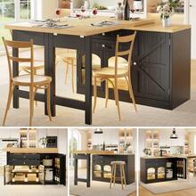 Extendable Kitchen Island Dining Table 120–194cm, 360° Rotating Tabletop, With Glass Doors, Drawers & Door Snack Shelves, White/Black - Black - View 5