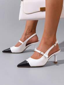 Women's Black And White Colorblock Pointed Toe Slingback Sandals, Thin Heel, Buckle, Elegant Commute Closed-Toe High Heels - Black and White - View 3