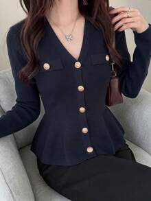 Navy Blue Knitted Cardigan Women's Autumn/Winter New Style Gold Button Waist-Cinched Ruffle V-Neck Sweater Jacket Elegant Commuter Slimming Fall - Navy Blue - View 2