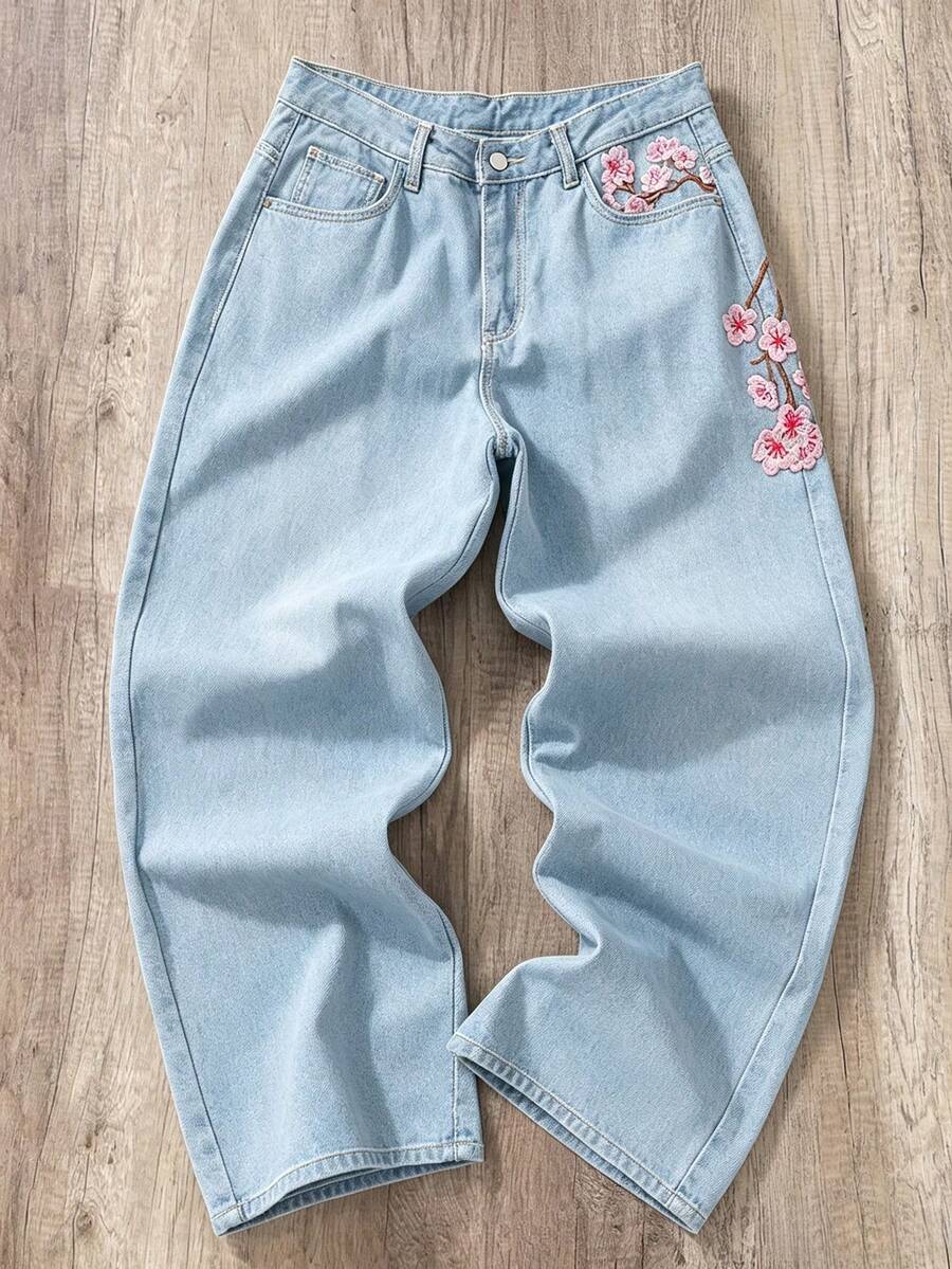 Teen Boy Fashion Brand Plum Blossom Embroidered Streetwear Denim Jeans - Light Wash - View 1