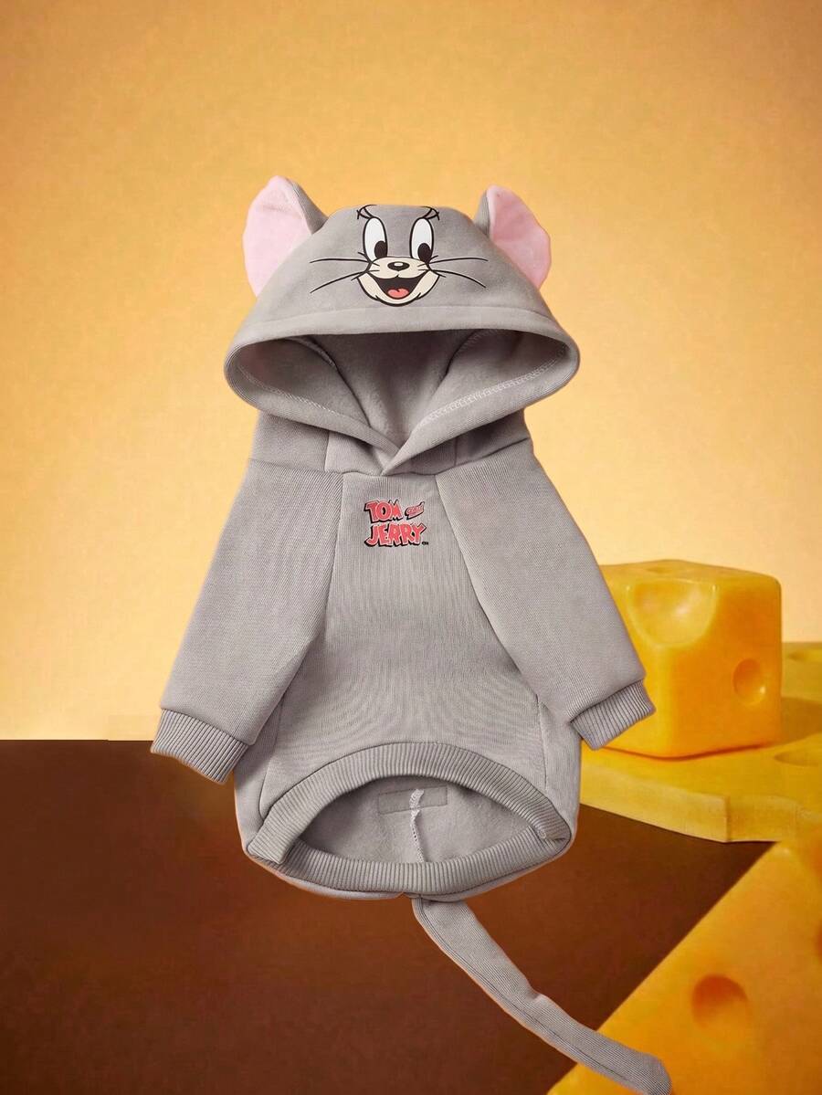 TOM & JERRY X PETSIN 1 buah Hoodie Hewan Peliharaan Motif Tikus Telinga Besar Warna Abu-abu Tebal Hangat untuk Musim Gugur dan Musim Dingin - Grey - View 1