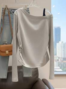 Korean Style Women's Asymmetric Cold Shoulder Long Sleeve Top, Loose Fit Slimming Ruched Design, Niche Early Autumn Versatile Casual T-Shirt - Light Grey - View 1