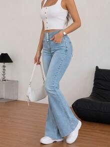 Women's Single-Breasted Slim-Fit Stretch Denim Flared Trousers Casual Spring - Light Wash - View 2
