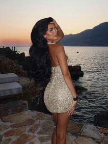 Women's Sequin Slit Design Sexy Cocktail Party Dress - Champagne - View 4