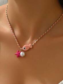 1pc Versatile Ceramic Ocean Fish Pendant Necklace With Adjustable Rope Chain, Starfish And Faux Pearl Pendant Jewelry - Pink - View 5