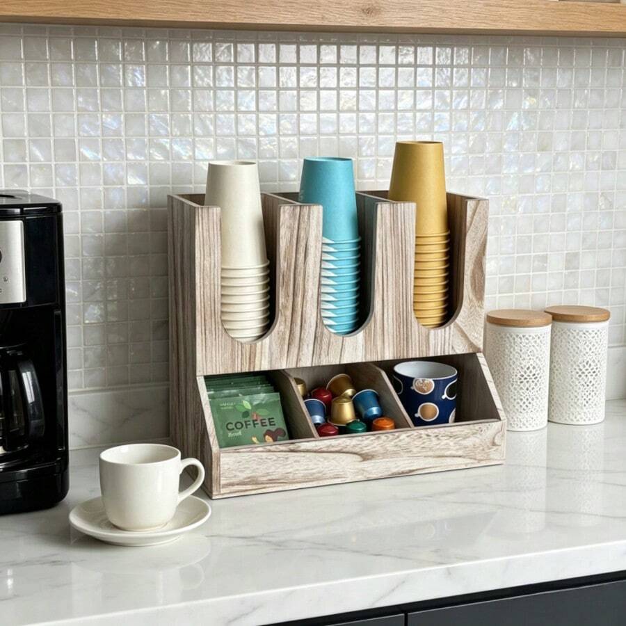 IDUK 1PC Wooden Coffee Capsule Storage Rack, Can Store Cups, Lids, Various Bagged Coffee Supplies, Suitable For Home Space And Coffee Shop Bar Display - Light Toasted Color - View 1