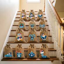 1/10/15/30pcs Linen Drawstring Bags With Blue & White Christmas Patterns - Reusable Suitable For Gift Wrapping, Storage, Fireplace Hanging Decorations, Party Favors, New Year Gifts - Multi- For, Events, Gift Wrap Storage - Multicolor - View 7