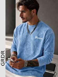 GRDR American Vintage Light Blue Tie-Dye Distressed Minimalist Letter Print Casual Long Sleeve Top - Dusty Blue - View 3