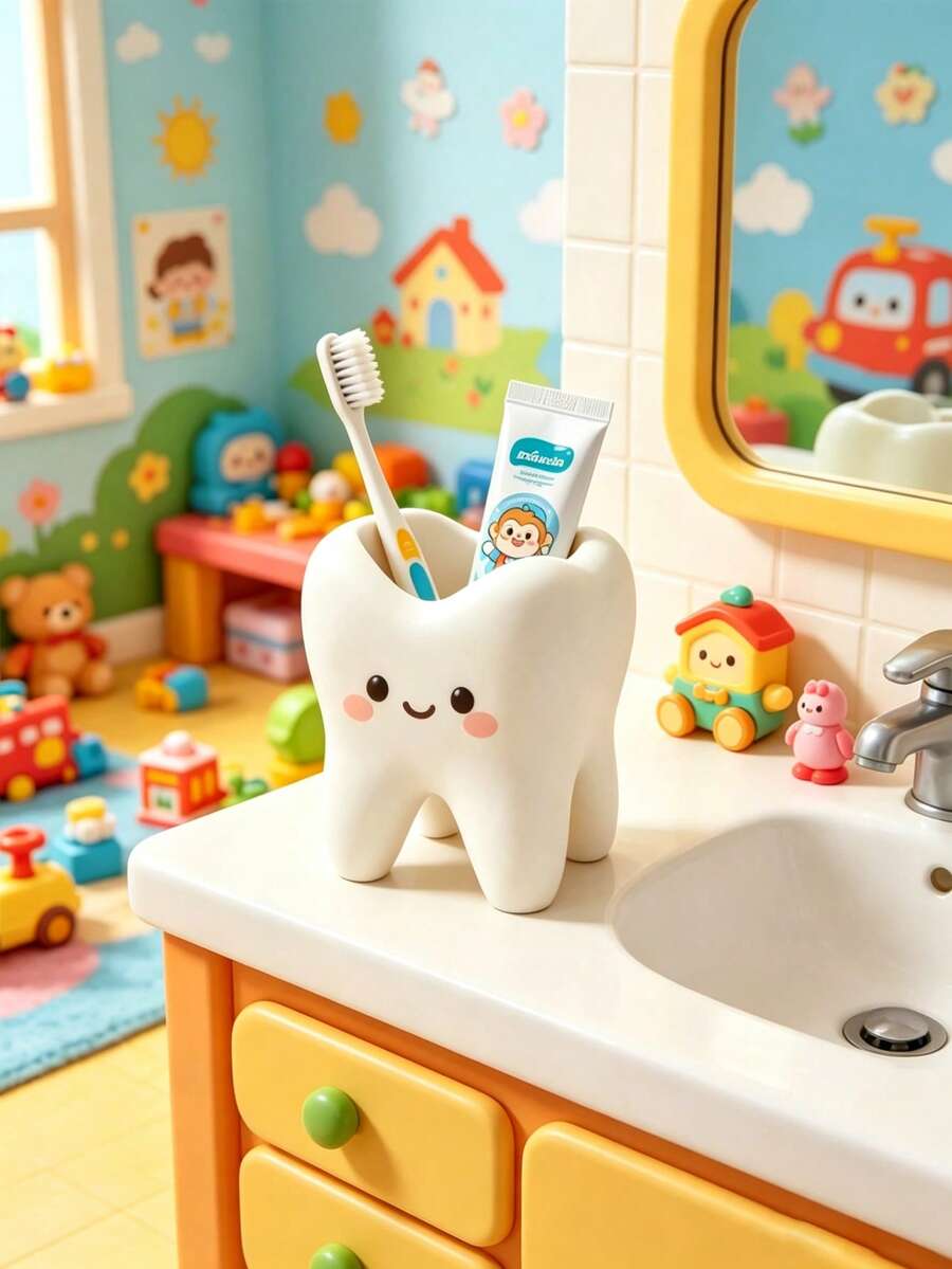 1pc Creative Funny Toothbrush Holder, Large White Tooth-Shaped Toothbrush Cup, Can Store Toothbrush, Toothpaste, Bathroom Supplies, Desktop Storage Decoration, Bathroom Decor, Halloween Decoration Small Gift, Room Decor - Multicolor - View 1