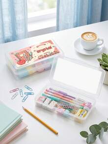 1pc Custom Text Pencil Case, Transparent Stationery Storage Box, Custom Cartoon Pattern Pencil Box, Back To School Supplies Gift - Multicolor - View 4