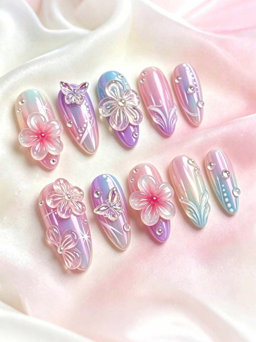 10pcs Y2K Acrylic Press-On Nails, Medium Almond Shape, 3D Gradient Floral Water Ripple Holographic Decor, Aurora Butterfly Rhinestone Design, Fashion Sweet Style, Glossy Full Coverage Fake Nails For Women And Girls Daily Wear - 彩色 - 查看 1