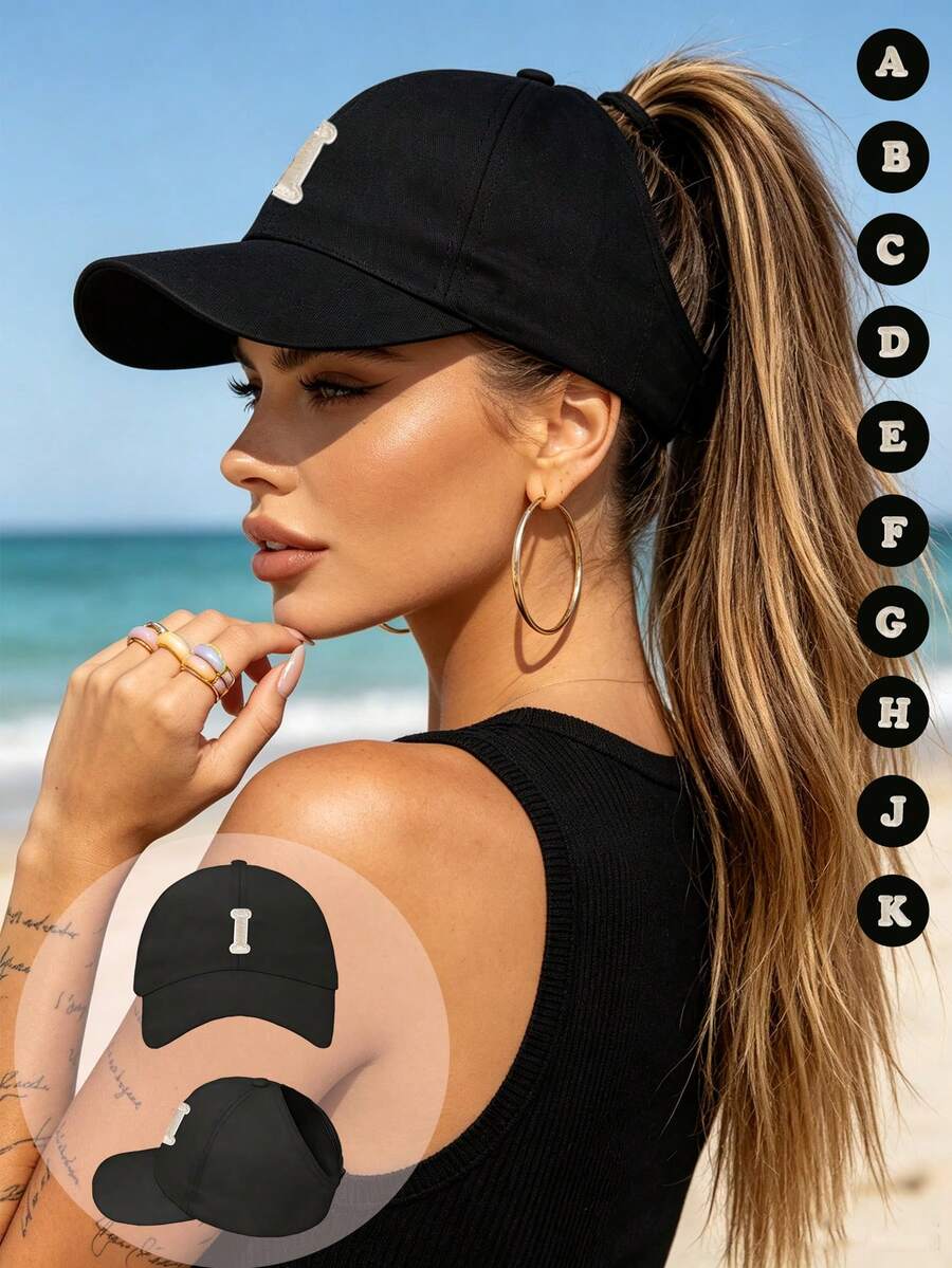 1pc Women's Elastic Empty Top Sport Visor Hat With A-Z Alphabet Print, Wide Brim UV Protection Sweat-Wicking Sun Cap, Light Comfort For Back-To-School - Black - View 1