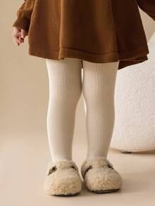 [Autumn/Winter Style] 1 Pair Women/Infant Tights, Classic Khaki Fine Vertical Stripe Design, Minimalist Fashion, Warm And Breathable, Skin-Friendly Soft Comfortable Casual Thin Fleece Cold-Proof Versatile Stirrup Tights, Suitable For 0-5 Years Old Autumn/Winter Daily Wear/Travel/Holiday Gifts - Multicolor - View 4