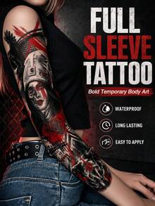 1 Pc Full Arm Temporary Tattoo Sleeve, Black & Grey Gothic Skull Warrior Ship Design, Steampunk Mechanical Style Fake Tattoo Sticker, Realistic Body Art, Waterproof Long Lasting Tattoo Transfer For Men - Black - View 2