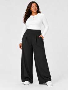 2pcs Plus Size Women's High Waist Casual Pants, Loose Wide Leg Pants, Nude Feel Yoga Pants, Solid Color Sports Pants, Suitable For All Seasons - Black - View 5