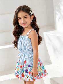 2pcs/Set Young Girl Summer Outfit, 4-7 Years Old, Blue & White Striped Fashion Street Style Heart Ruched Camisole Top & Floral Print Elastic Waist Skirt, Soft Casual Cute Commuting Suitable For Spring/Summer, Gift - Blue - View 1