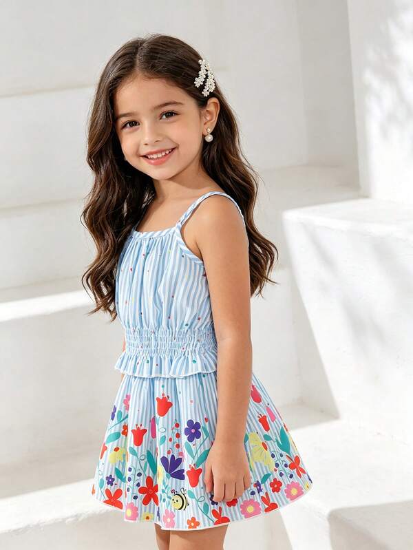 2pcs/Set Young Girl Summer Outfit, 4-7 Years Old, Blue & White Striped Fashion Street Style Heart Ruched Camisole Top & Floral Print Elastic Waist Skirt, Soft Casual Cute Commuting Suitable For Spring/Summer, Gift
