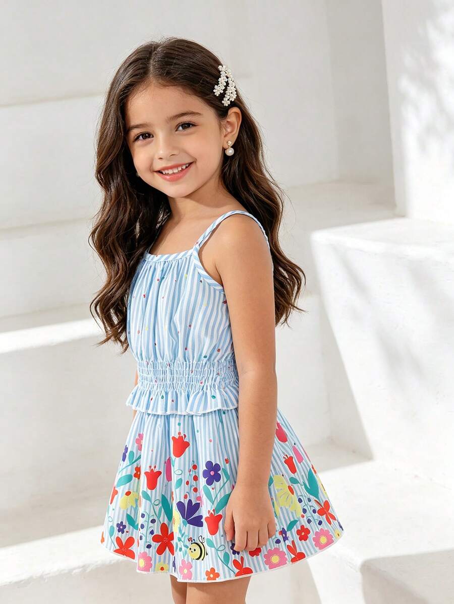 2pcs/Set Young Girl Summer Outfit, 4-7 Years Old, Blue & White Striped Fashion Street Style Heart Ruched Camisole Top & Floral Print Elastic Waist Skirt, Soft Casual Cute Commuting Suitable For Spring/Summer, Gift - Blue - View 1
