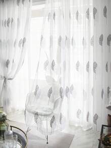 1PC British Elegant Grey & White Leaf Embroidery Sheer Curtain, White Embroidered Nordic Wooden Style Home Window Rod Pocket Translucent Decorative Sheer Curtain - Multicolor - View 8