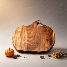 Display Trays - Halloween Pumpkin Shaped Acacia Wood Cutting Board | 30*30cm Natural Solid Wood Chopping Board | With Hanging Rope For Easy Storage | Thickened Rounded Edges Smoothly Polished | Durable And Easy To Clean Kitchen Cutting Board | Fruit, Bread, Cheese, Dessert Platter | Autumn Holiday Table Decor Gift - View 5