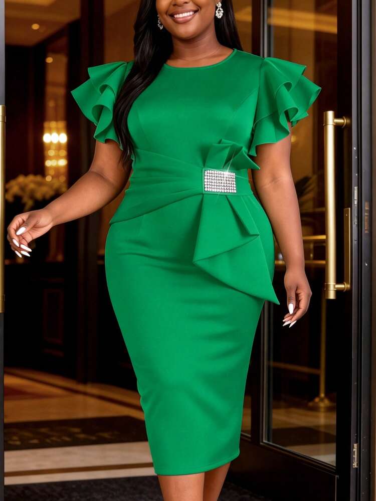 plus size green bodycon dress Women Elegant With Ruffle Sleeves Fitted Waist Cinching Rhinestone Design For Cocktail Formal Party Wedding Guest Size:12-18M Romper The dress is available collection: print edition Zoes Steak & Seafood