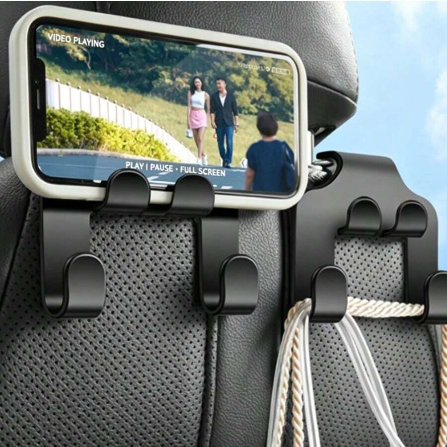 2件通用汽車頭枕掛鉤,耐用汽車後座收納掛鉤,多功能汽車內飾配件,適用於手提包和小物品 - 黑色 - 查看 1