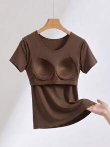 1pc Women's Plus Size Short Sleeve Tee, Wire-Free Built-In Shelf Bra, Padded Solid Basic Loungewear Yoga Activewear Casual - Brown - View 2