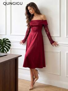 QUNGIGU Women Off Shoulder Midi Dress Lace Long Sleeve Satin A Line Elegant Apparel For Evening Party Wedding Guest - Red Violet - View 5