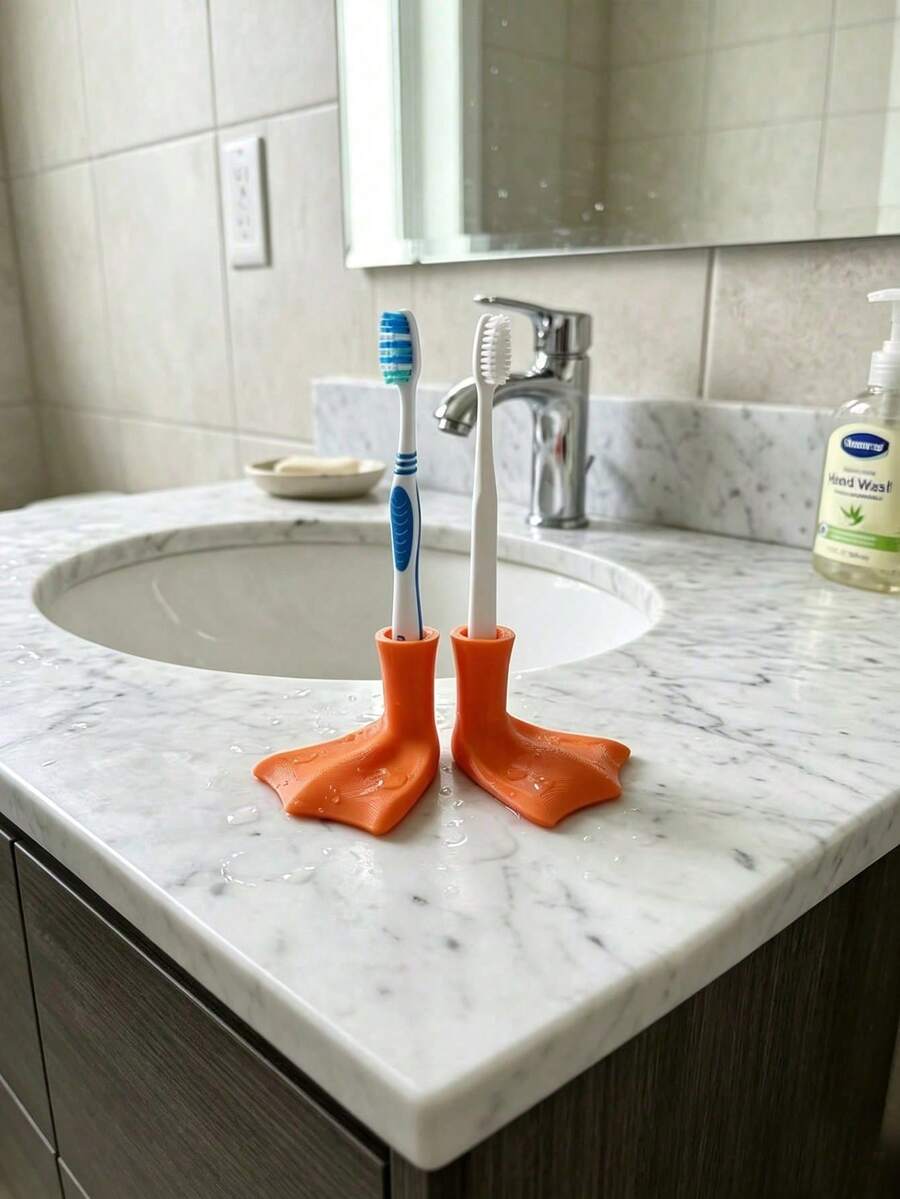 1 Pair Duck Foot Manual Toothbrush Holder, Cute Duck Foot Shaped Bathroom Multi-Function Storage Rack, Creative Duck Claw Design Toothbrush Holder, Toothbrush Holder, Multi-Function Drainage Storage Rack, Bathroom Storage Organizer Rack - Multicolor - View 1