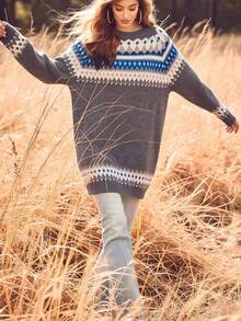 Plus Size Fair Isle Knit Sweater, Round Neck Drop Shoulder Pullover With Blue & White Geometric Pattern For Fall Winter Casual Wear - Grey - View 1