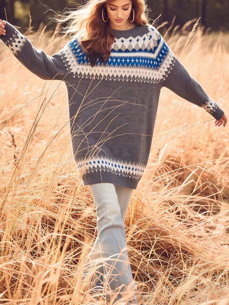 Plus Size Fair Isle Knit Sweater, Round Neck Drop Shoulder Pullover With Blue & White Geometric Pattern For Fall Winter Casual Wear - Grey - View 1