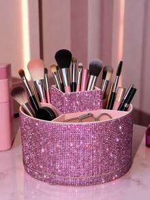 1pc Rhinestone 360° Rotating Storage Box, Large Capacity, Surface Inlaid With Colorful Rhinestones, Luxury Sparkling Style, Full Rhinestone Pattern, Hexagonal Column Shape, Neat Edge Details, Makeup Tool Container, Suitable For Bedroom Vanity, Makeup Room Desktop And Other Scenes - Multicolor - View 6