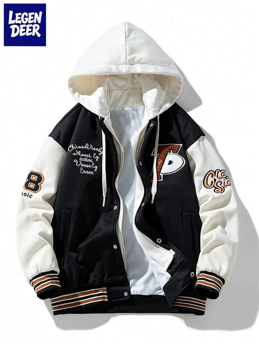 LEGEN DEER Men's Spring/Autumn/Winter Fashionable College Style Baseball Jacket 2 In 1 Hooded Casual Jacket - Black - View 1
