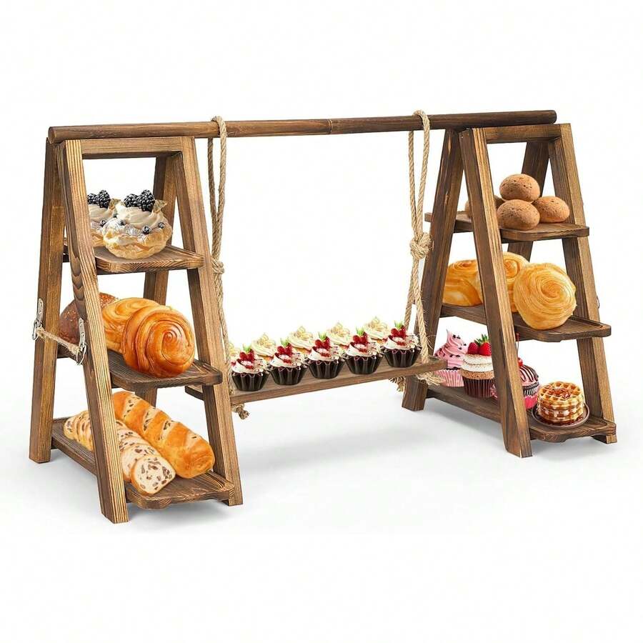 Soporte de madera para magdalenas de 3 niveles, juego de mesa de postre plegable, juego de columpios para embutidos, aperitivos, frutas, perfecto para bodas, cumpleaños, fiestas - 1 - Ver 1