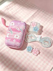 6pcs Sakura Floral Digital Storage Set | EVA Hard Shell Anti-Pressure Earphone & Data Cable Storage Bag, Cute Charger Case + Full Data Cable Protective Set, Suitable For Commuting & Travel - Multicolor - View 10