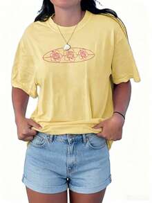 Women's Teens Oversized Graphic Tee Shirts Y2k Short Sleeve Floral Aesthetic Tshirt Top Summer Cute Preppy Clothes-For Women, Holiday, Vacation - 夏季上衣黃色 - 查看 1