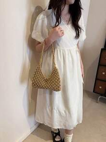1件純色波希米亞編織單肩斜挎包，時尚編織小方包，適合海灘度假、街頭購物，海灘度假、旅行與假期的完美選擇，吸睛夏季海灘包 - 卡其色 - 查看 9