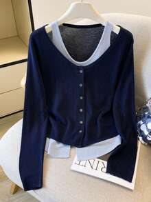 Women's Vintage Knit 2-In-1 Long Sleeve Top, Button Front, Round Neck, Regular Fit, Suitable For Autumn Wear - Navy Blue - View 3